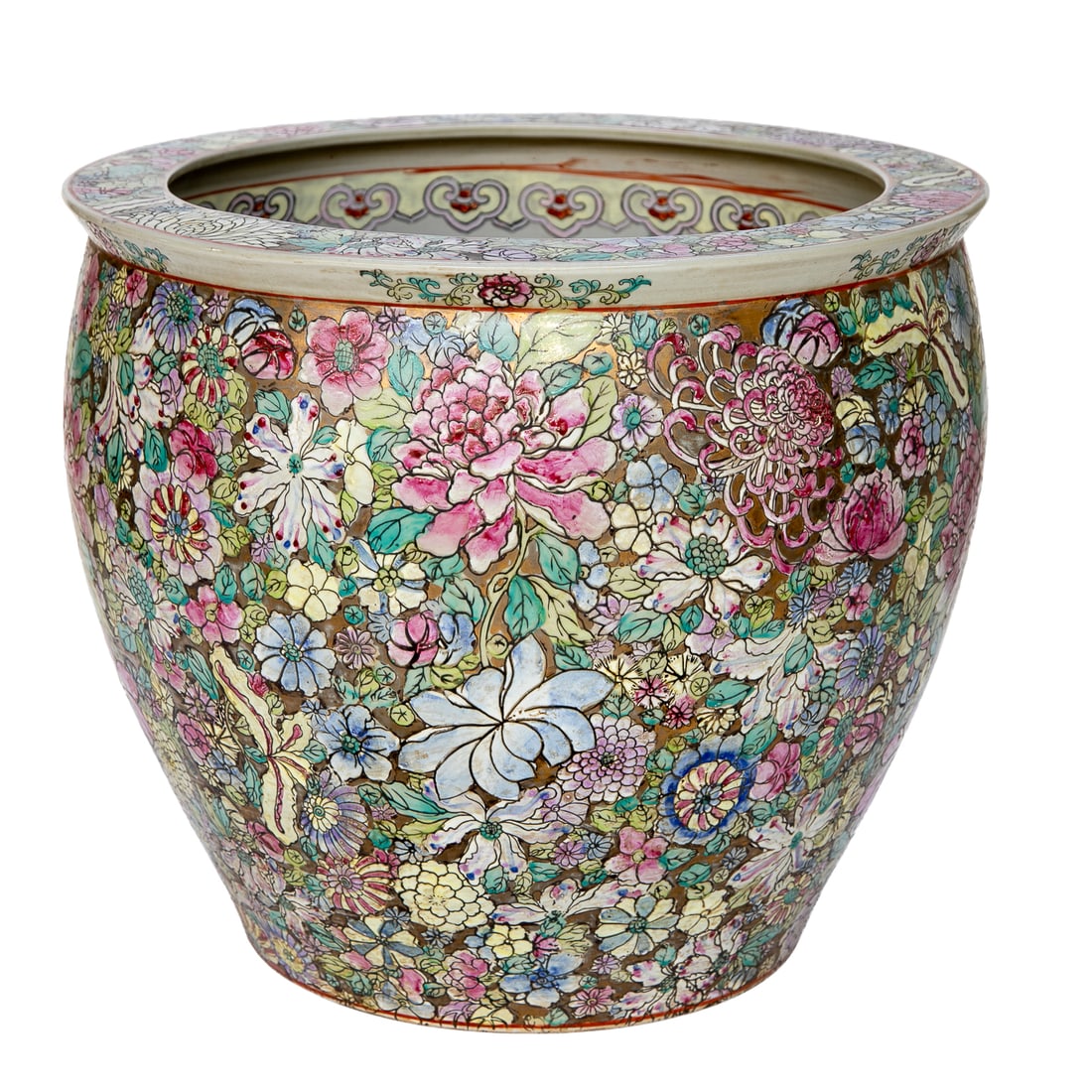 Vintage Chinese Style Porcelain Fish Bowl/Planter: Vintage Chinese Style Porcelain Fish Bowl/Planter, Having Multi Color Floral Designs Including the Lotus Flower, Interior Reveals Koi Fish Among Greenery. 14" High, 16" Diameter