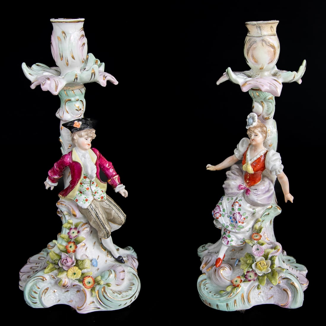Early 20th C. German Dresden Style Porcelain Candlesticks, Pair (1 of 8)