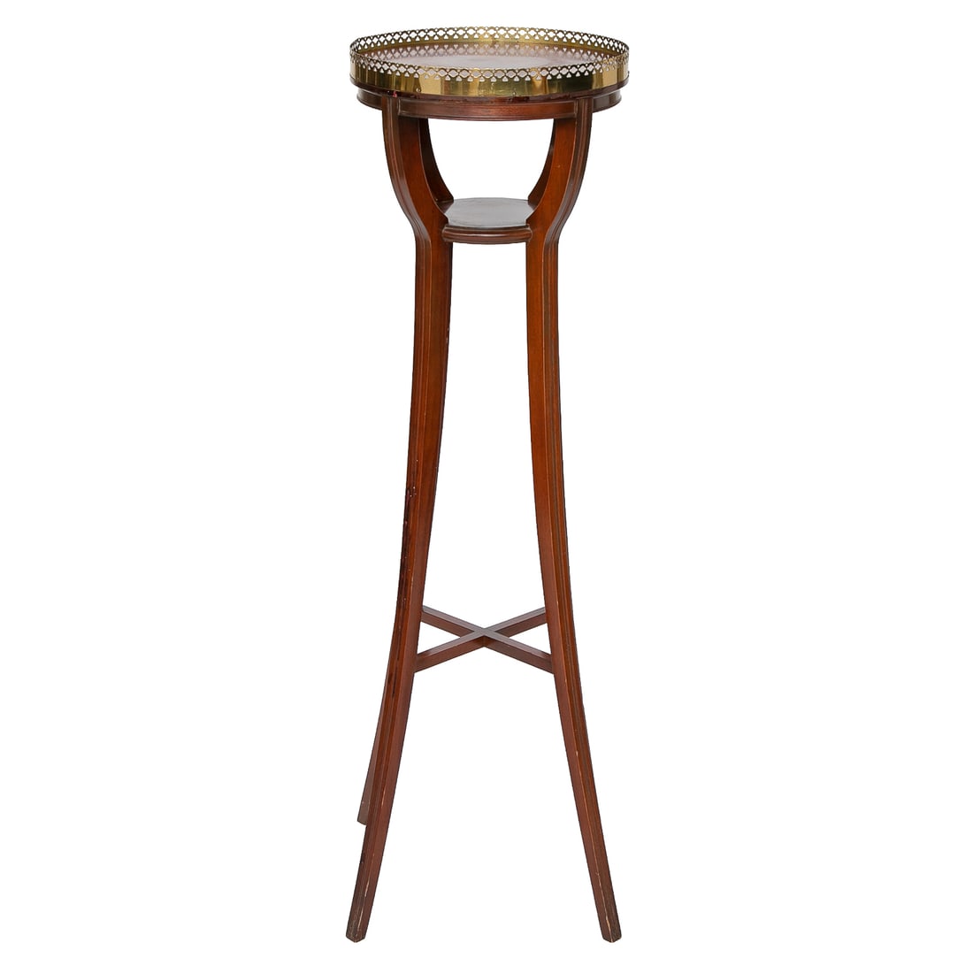 English Mahogany Plant Stand: English Mahogany Plant Stand, Having Circular Top Featuring Pierced Brass Gallery, Lower Support Shelf, Resting on Square Splay Fluted Tapered Legs, X Shape Support Stretcher. 40.5" High, 12" Diameter