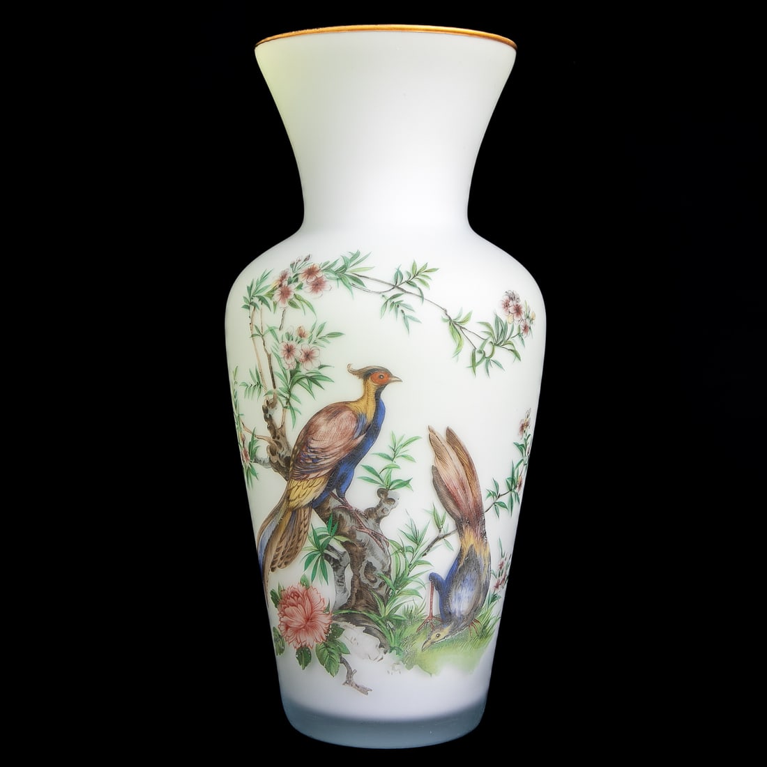 Vintage Norleans Italian Opaline Hand Painted Glass Vase: Vintage Norleans Italian Opaline Hand Painted Glass Vase, Having Gold Rim, Hand Painted Pheasants Surrounded by Greenery and Flowers, Lime Green Interior. 14.5" High, 7.5" Diameter