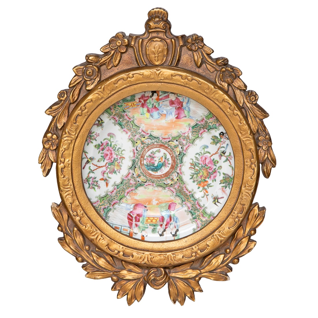 Late 19th/Early 20th C. Chinese Export Rose Medallion Framed Plate: Late 19th/Early 20th C. Chinese Export Rose Medallion Framed Plate, Plate Having Floral and Bird Painted Center, Gold Rim, Surrounded by Alternating Panels of Floral and Birds Designs with Figural Vil
