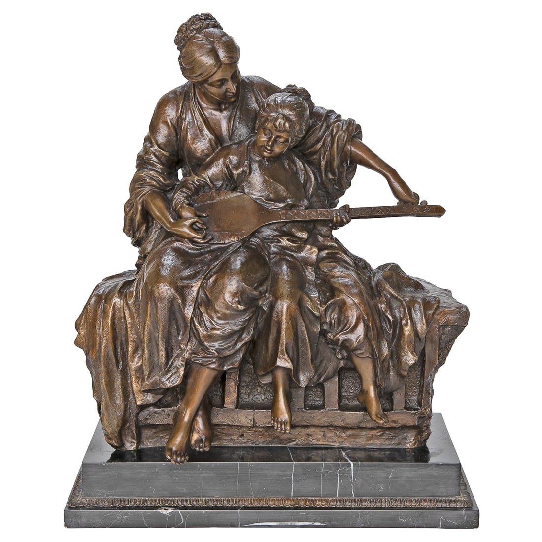 Spelter Sculpture Depicting Mother Teaching Daughter To Play Musical Lute: Spelter Sculpture Depicting Mother Teaching Daughter To Play Musical Lute, Seated on Wall, Resting on Ebony Rectangular Plinth Style Marble Base Featuring Brass Border, Signed on Back. 20" High, 16" W