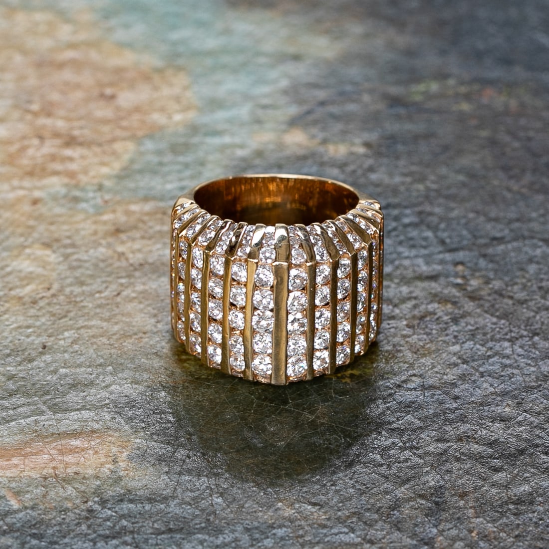 18K Yellow Gold Diamond Channel Set Dinner Ring, Size 7: 18K Yellow Gold Diamond Channel Set Dinner Ring, Size 7, Consisting of One Hundred Twenty-Two (122) Natural Round Brilliant- Cut Diamonds Weighing a Total of 4.25 Carats. Diamonds are H in Color and V