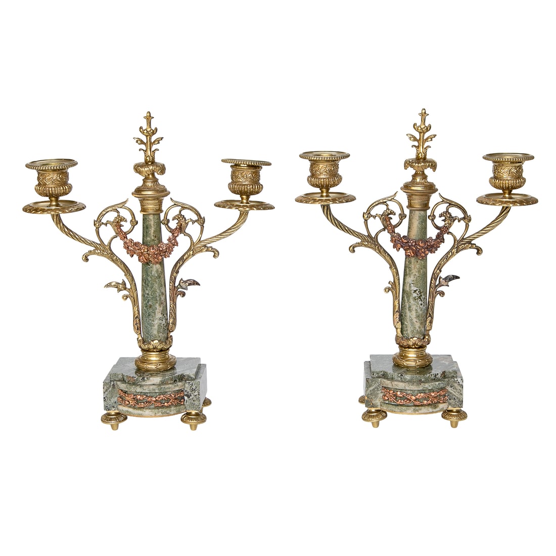 Vintage Louis XV Style Verde Marble and Brass Candelabra, Pair: Vintage Louis XV Style Verde Marble and Brass Candelabra, Pair, Having Leaf Form Center Finial, Tapered Verde Columnar Center Support, Flanked by Vine Form Sides, Leading to Double Cups and Bobeches F