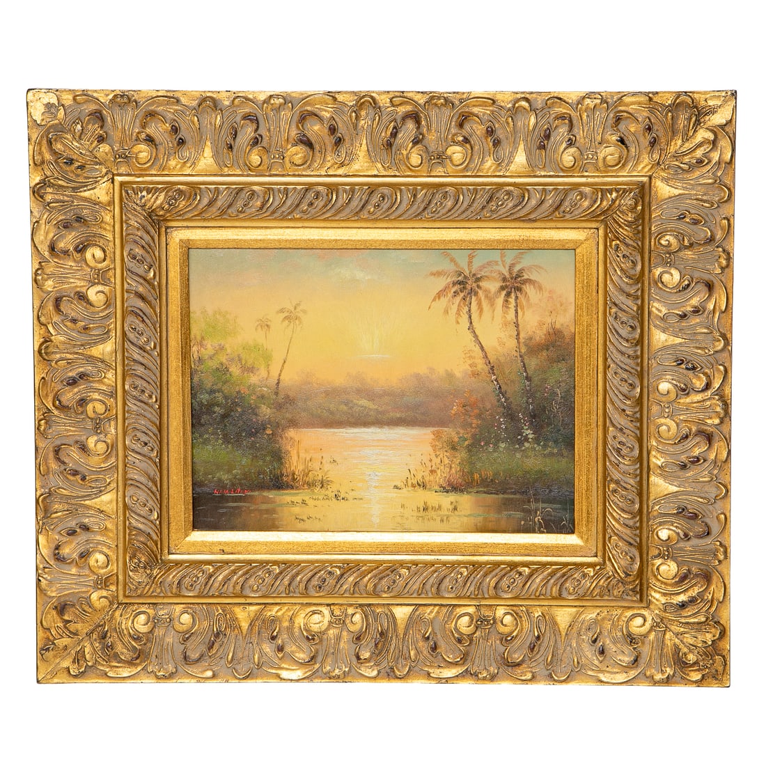 Landscape Bay Scene, Oil on Canvas: Landscape Bay Scene, Oil on Canvas, Depicting Bay Scene at Sunrise, Signed Lower Left Hamilton, Housed in Burnished Gold Ornate Frame Featuring Leaf Designs. 23.5" High, 28" Wide, 1.5" Deep;