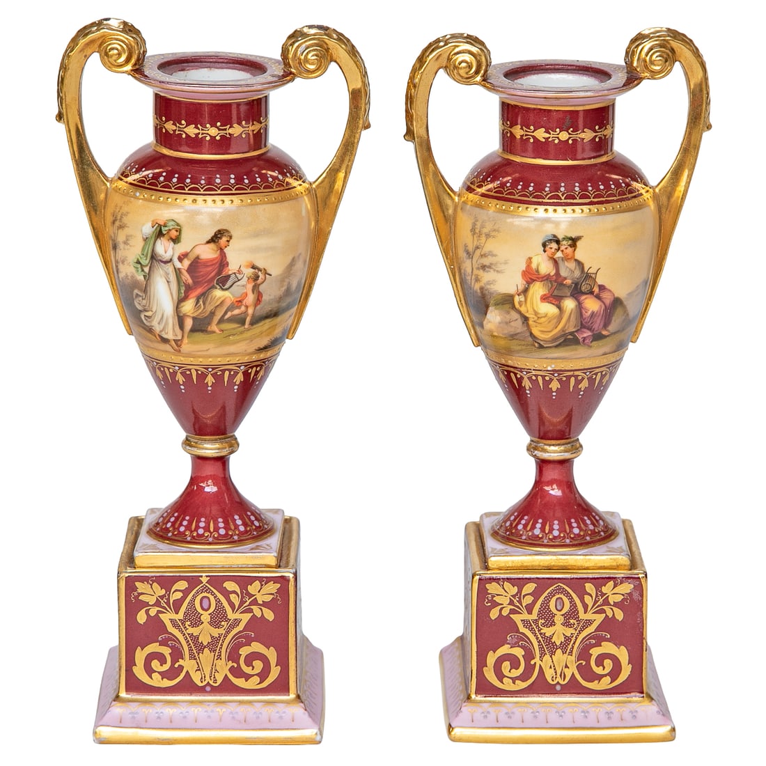 Vintage Royal Vienna Style Porcelain Cabinet Vases, Pair: Vintage Royal Vienna Style Porcelain Cabinet Vases, Pair, Having Cranberry Ground, Gold Handles and Painted Accents, Each Panel on Front and Back Features Various Courting Scenes Marked on Bottoms, Re
