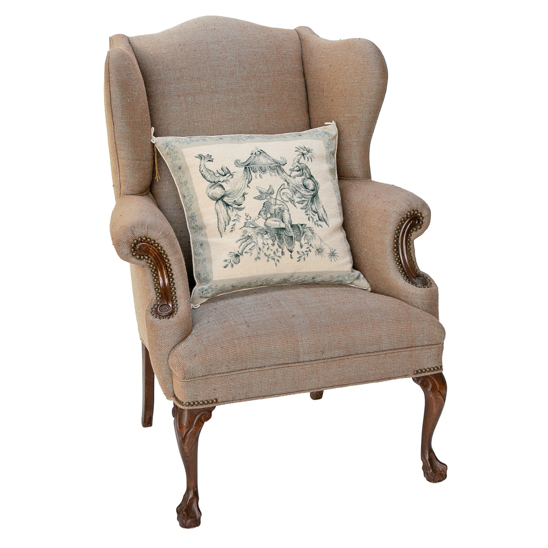 Vintage Mahogany Wing Back Arm Chair: Vintage Mahogany Wing Back Arm Chair, Having Shaped Back, Shaped Wings, Roll Arms Featuring Mahogany Ends, Resting on Cabriole Legs, Terminating in Ball and Claw Feet, Upholstered in Green and Tan