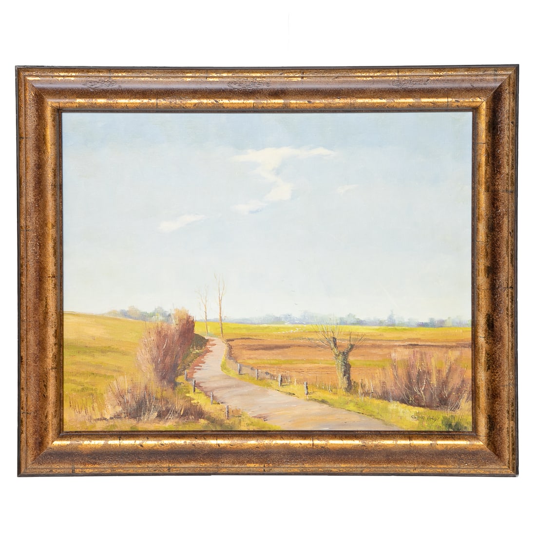Vintage Landscape Scene, Oil on Canvas: Vintage Landscape Scene, Oil on Canvas, Depicting Path Lined with Tree Stumps, Signed Lower Left Geoffrey Wright, Housed in Burnished Distressed Gold and Ebony Frame. 27.75" High, 33.75" Wide, 2" Deep