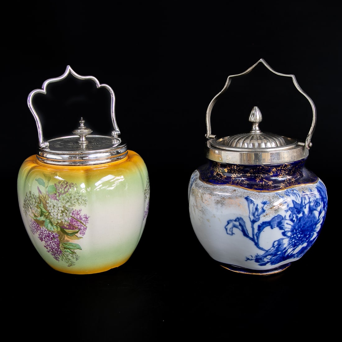 Two Porcelain Biscuit Jars: Vintage Porcelain Biscuit Barrel, Two Total, Includes One Victoria Ware Ironstone Barrel Having Pewter Lid Featuring Reeded Designs and Acorn Finial, Shaped Handle and Pewter Rim, Cobalt Top Rim Featu