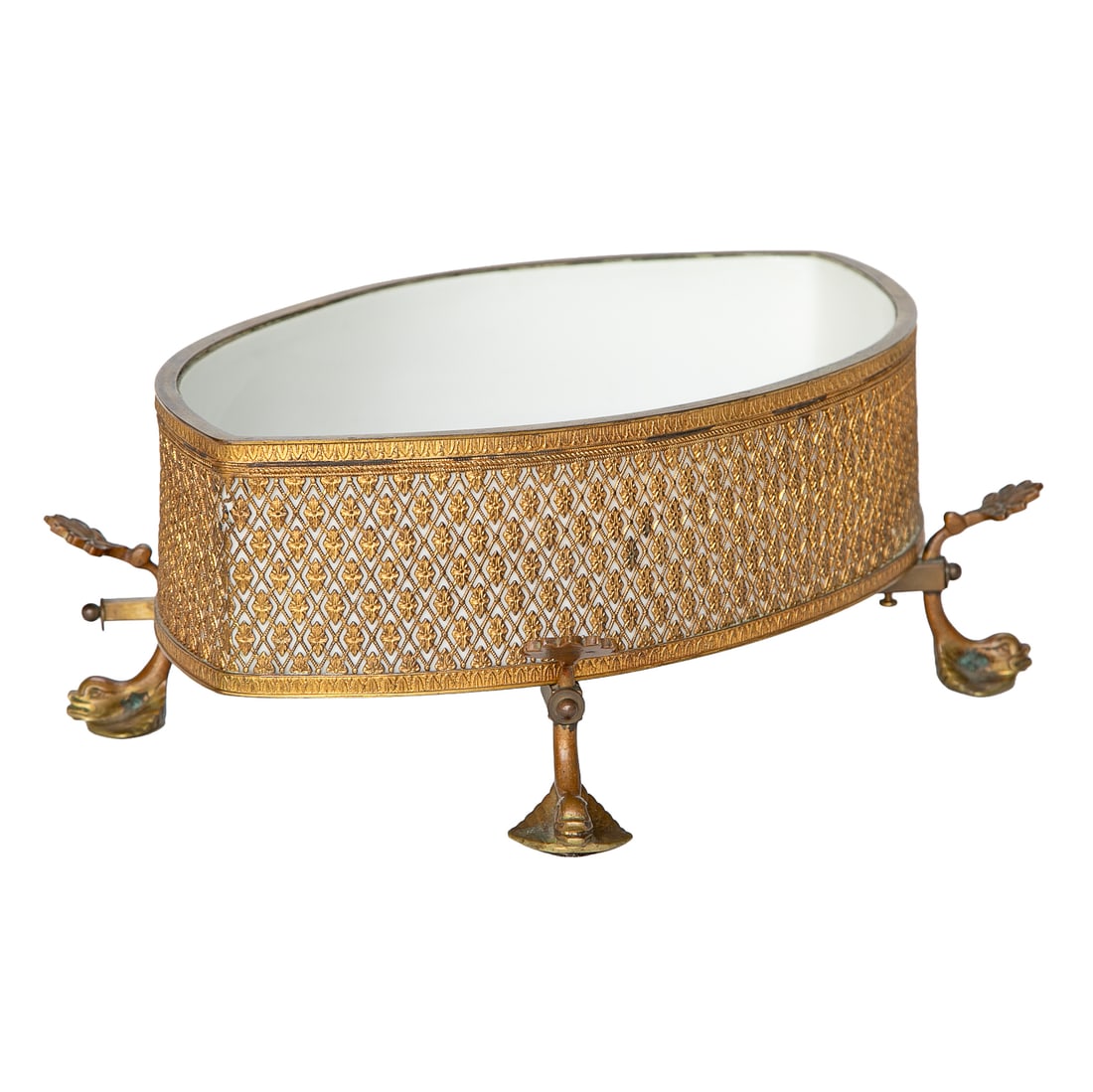 Antique French Porcelain Oval Brass Mounted Bowl: Antique French Porcelain Oval Brass Mounted Bowl, Having Oval Shape, White Ground, Brass Mounted Top and Bottom Rims, Sides Feature Diamond Shape Floral Designs, Marked on Bottom, Accompanied by Brass