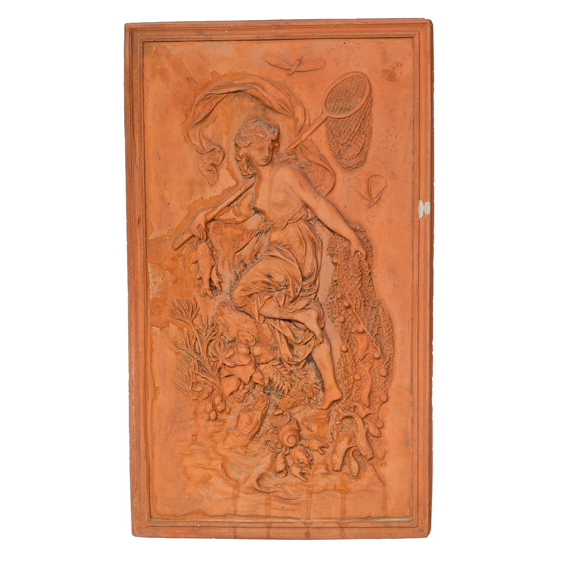 Vintage Art Nouveau Terra Cotta Relief Wall Plaque: Vintage Art Nouveau Terra Cotta Relief Wall Plaque, Depicting Amphitrite and an Allegorical Depiction of the Sea Featuring Fish, Fishing Nets, Sea Shells, Alligator and Various Other Sea Life, After B