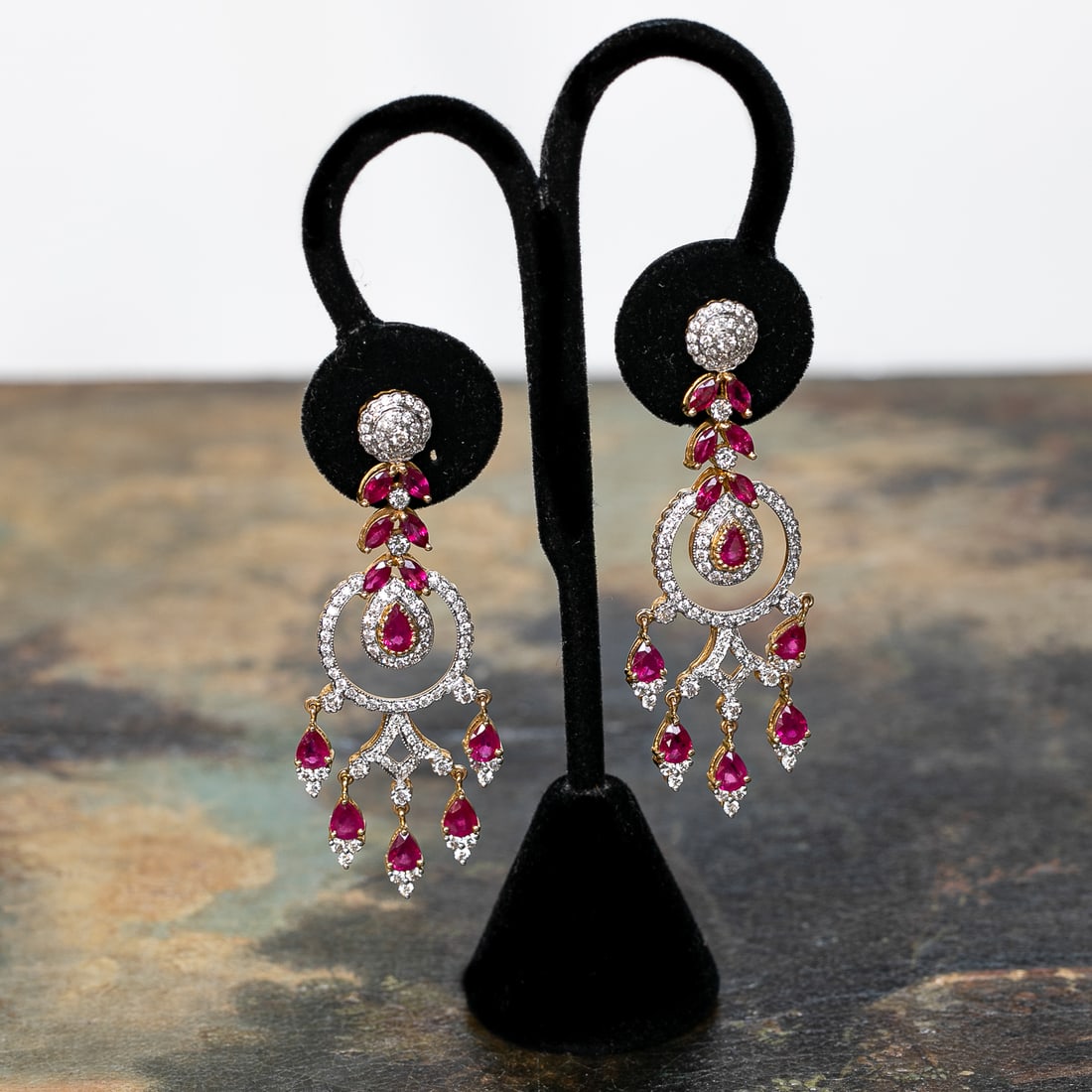 18K Yellow Gold Ruby and Diamond Earrings: 18K Yellow Gold Ruby and Diamond Earrings, Consisting of One Hundred Seventy-Eight (178) Pear Shaped and Marquise Cut Rubies Weighing 5.50 Carats and Two Hundred Ten (210) Natural Round Brilliant-Cut 