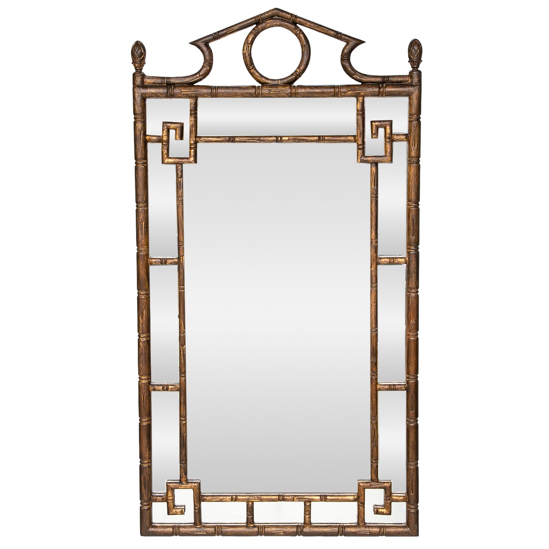 Vintage Burnished Gold Bamboo Style Wall Mirror: Vintage Burnished Gold Bamboo Style Wall Mirror, Having Acorn Finials on Ends, Pierced Circle in Center Flanked by Open Panels, Reeded Sides, Interior Panels. 49" High, 26" Wide, 1.25" Deep
