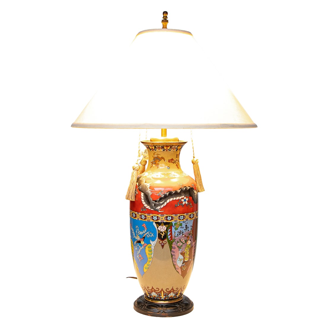 Antique Chinese Table Lamp: Antique Chinese Table Lamp, Having Urn Form, Multi Color Floral Top, Over Animal and Floral Designs, Gray Dragon on Red Ground, Gray Ground Body Featuring Alternating Floral and Figural Panels, Multi 