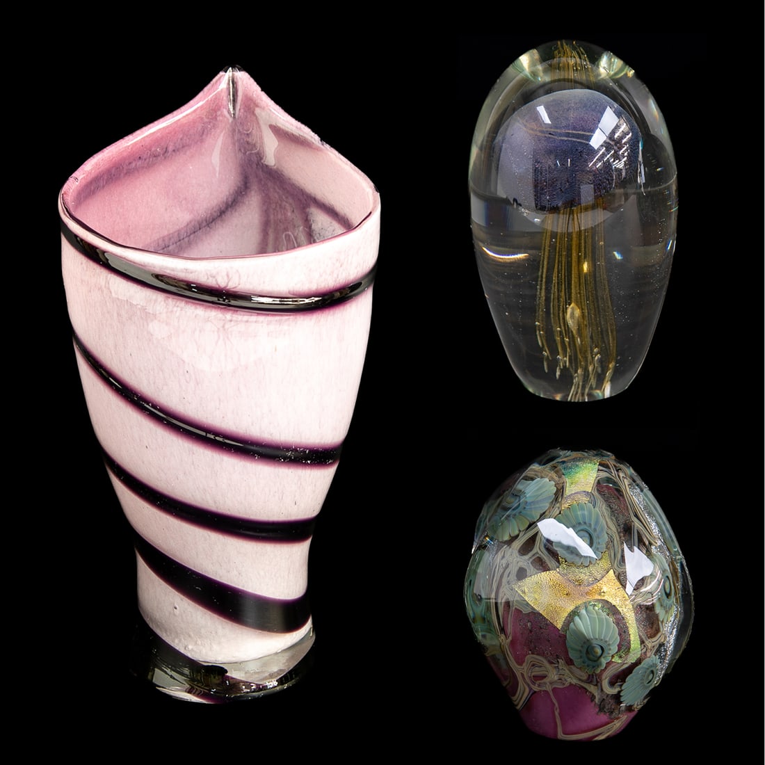Art Glass Items, Three Total Pieces: Art Glass Items, Three Total Pieces, Includes One Lavender and Eggplant Stripe Vase, 12" High, 6" Diameter; Along with One Robert Eickholt Lavender Iridescent Floral Paperweight, Signed and Dated 2006