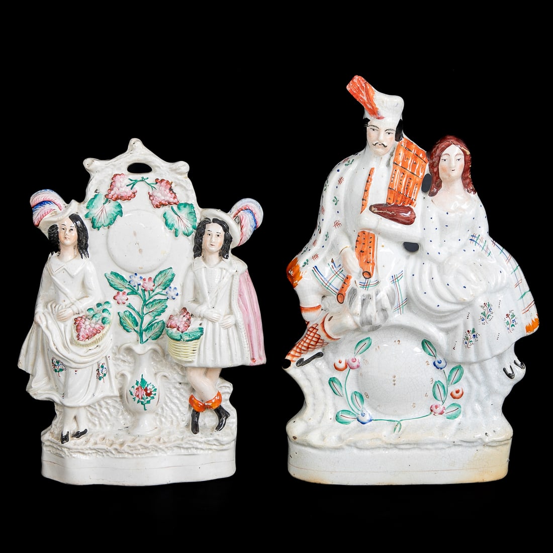 Late 19th C. English Staffordshire Figures, Two Total: Late 19th C. English Staffordshire Figures, Two Total, Includes One Figural Grouping Depicting Scottish Couple Seated on Tree Form, Male Playing Bagpipes, Resting on Painted Clock, Terminating in Oval