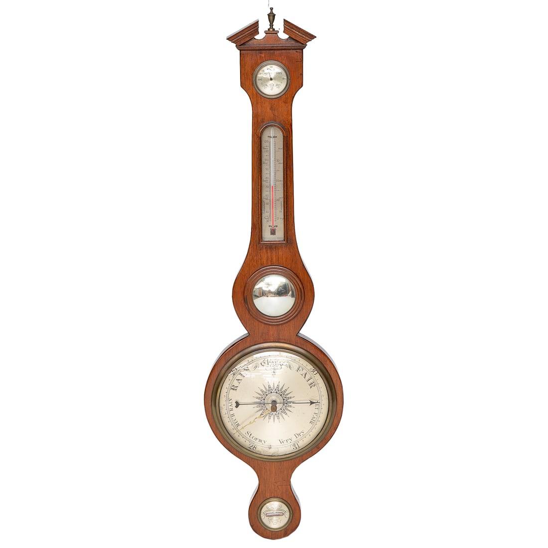Vintage Mahogany Association, Inc. Solid Genuine Mahogany Barometer: Vintage Mahogany Association, Inc. Solid Genuine Mahogany Barometer, Having Banjo Shape, Broken Arch Pediment Featuring Center Brass Finial, Atmospheric Pressure Gauge, Atop Temperature Gauge, Vacant 