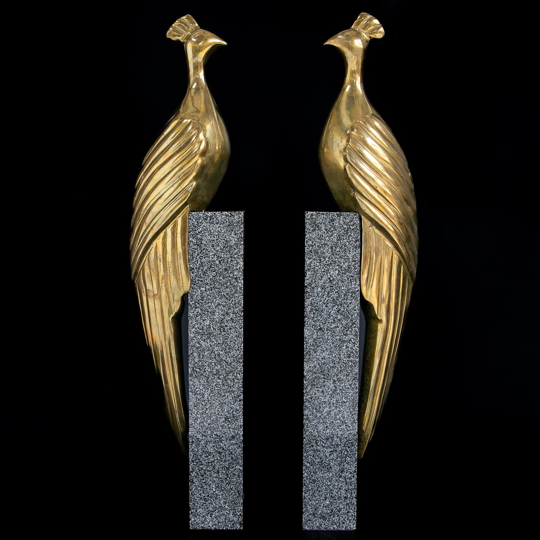 Vintage Brass Birds of Paradise on Marble Pedestals, Pair: Vintage Brass Birds of Paradise on Marble Pedestals, Pair, Having Brass Bodies, Resting on Speckled Gray, White and Ebony Square Marble Pedestals. 24.5" High, 5.75" Wide, 4" Deep