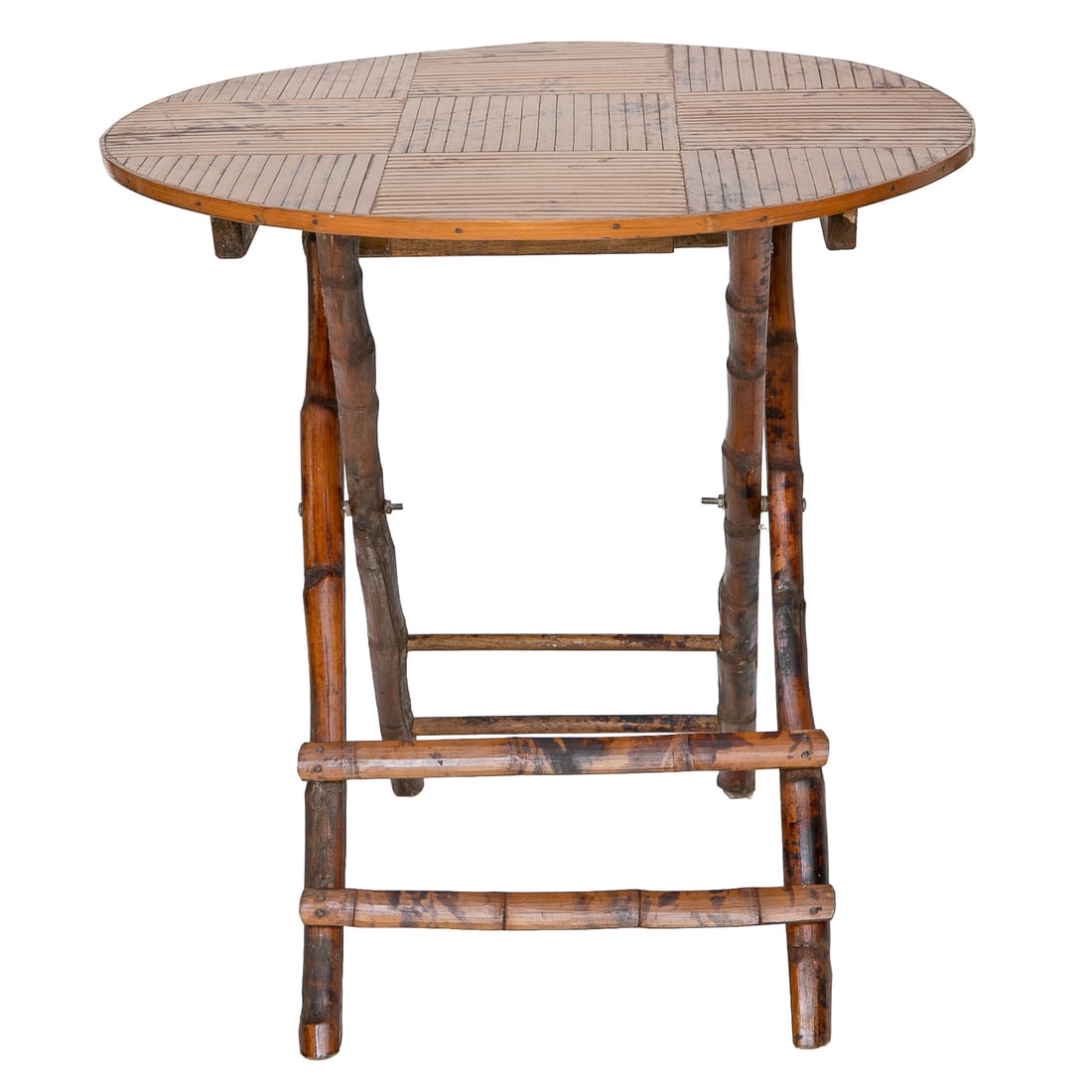 Vintage Circular Bamboo Folding Side Table: Vintage Circular Bamboo Folding Side Table, Having Alternating Pattern Bamboo Top, Resting on X Frame Legs Featuring Bamboo Slats on Front and Turned Bamboo Supports on Back, 25.25" High, 25.75" Diame