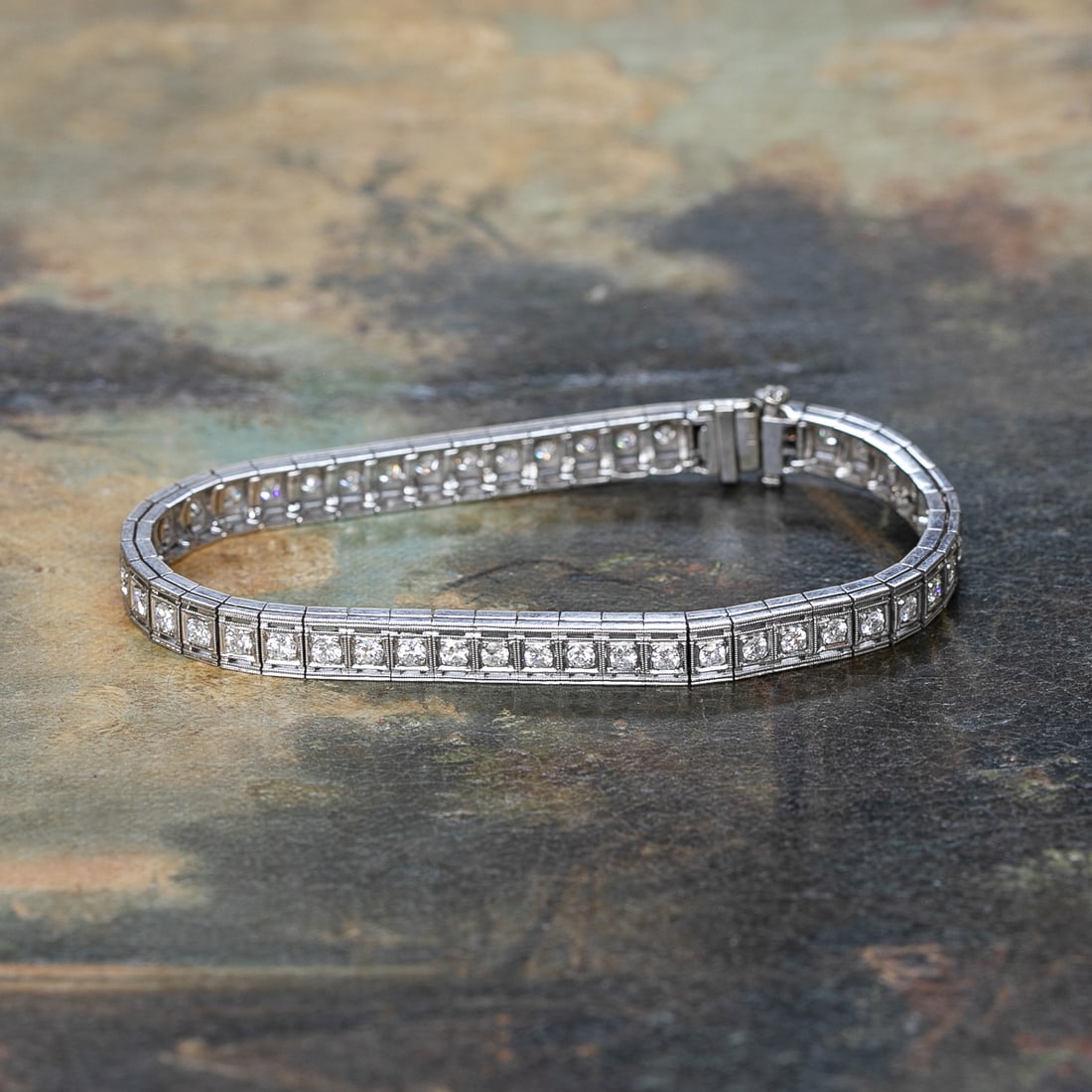 7.25 Inch, 14K White Gold Art Deco Diamond Box Bracelet: 7.25 Inch, 14K White Gold Art Deco Diamond Box Bracelet, Consisting of Forty-Nine (49) Natural Round Diamonds Weighing a Total of 3.00 Carats. Diamonds are H in Color and VS-SI in Clarity. Bracelet We