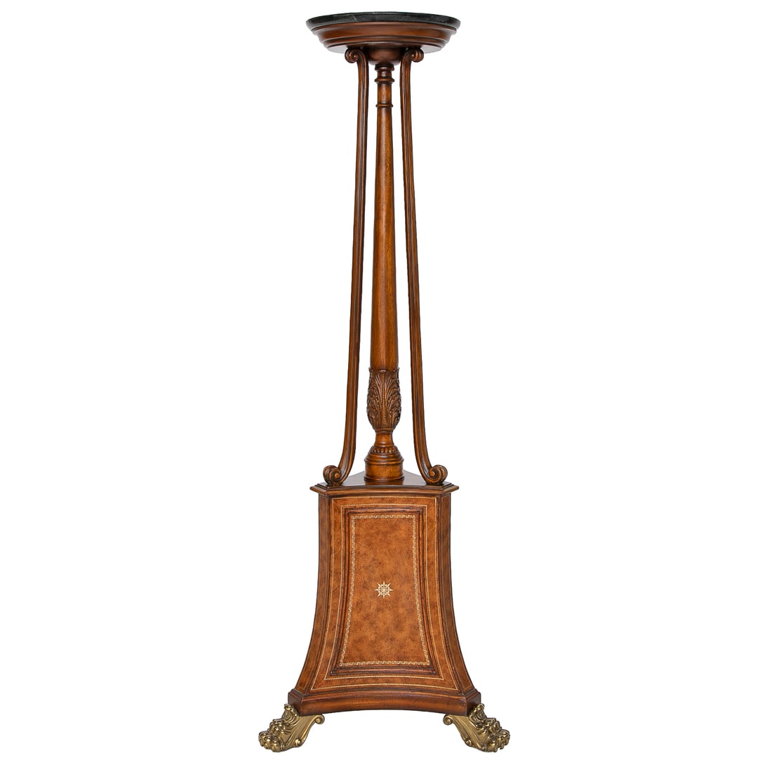 Vintage Maitland-Smith Wood and Leather Tall Pedestal/Plant Stand: Vintage Maitland-Smith Wood and Leather Tall Pedestal/Plant Stand, Having Ebony Marble Veneer Circular Top, Tapered Center Columnar Support Featuring Acanthus Leaf Carved Bottom, Surrounded by Three T