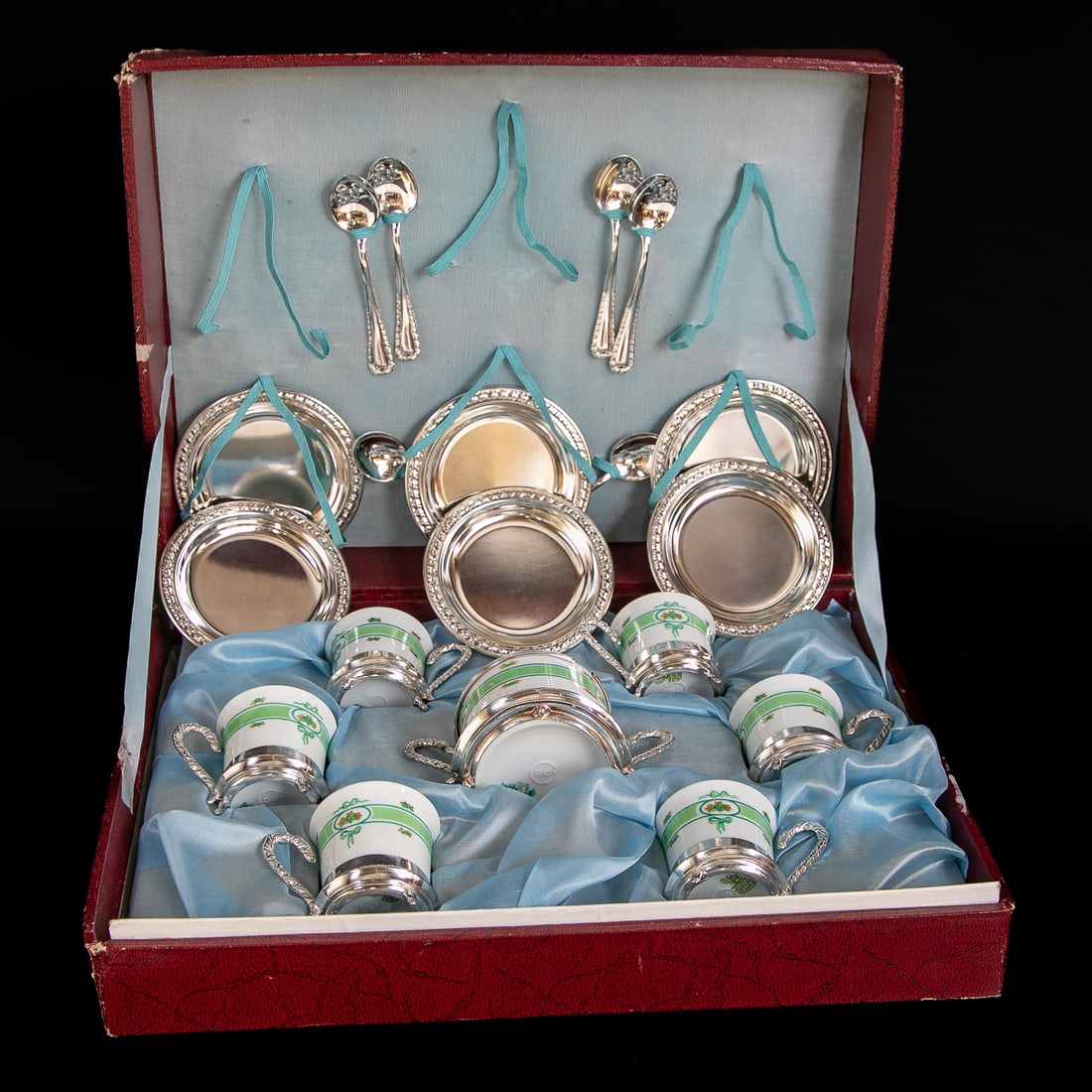 Vintage Aghifug Italian Silver Plated and Dekor Fabrik Porcelain Espresso Set: Vintage Aghifug Italian Silver Plated and Dekor Fabrik Porcelain Espresso Set, Nineteen (19) Total Pieces, Includes Six Demitasse Cups in Silver Plated Holders Featuring Twisted Handles, Resting on Th