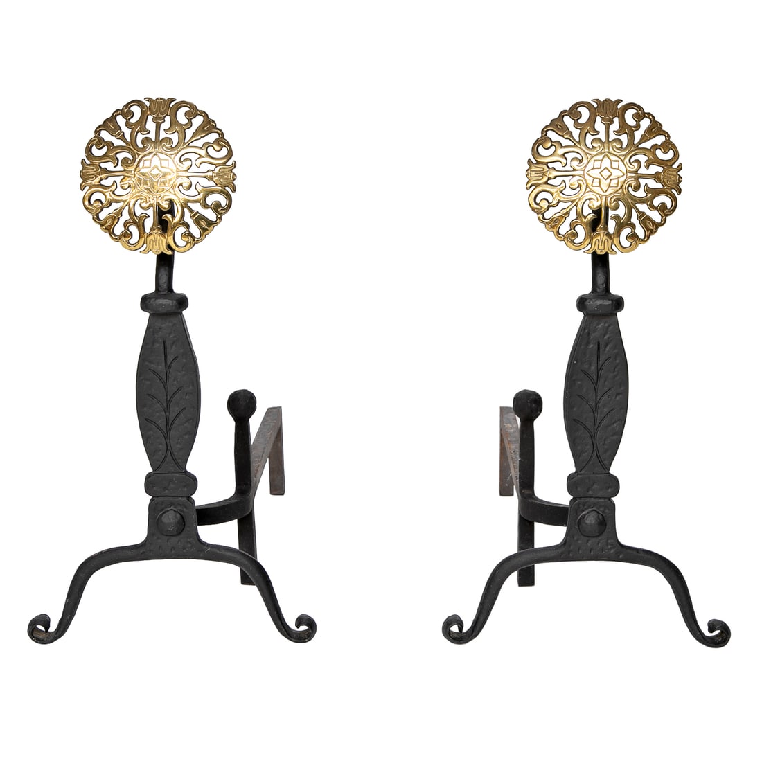 Vintage American Arts and Crafts Style Pierced Brass and Cast Iron Andirons, Pair: Vintage American Arts and Crafts Style Pierced Brass and Cast Iron Andirons, Pair, Having Pierced Brass Top Medallions Featuring Floral and Scroll Designs, Cast Iron Upright Posts Featuring Etched Lea