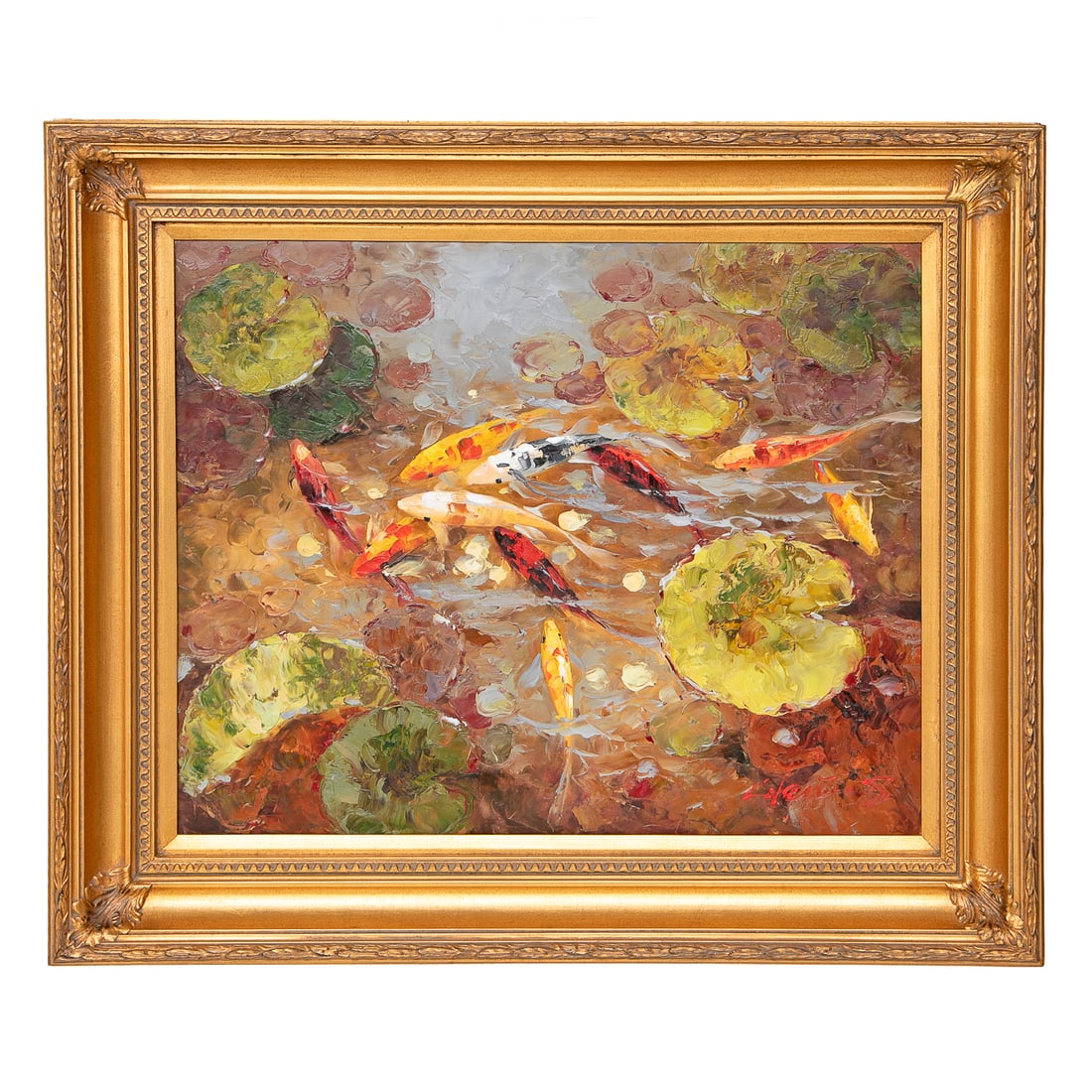 Three Koi Fish Oil on Canvas Paintings: Pond Scene, Oil on Canvas, Depicting Ten Various Colors of Koi Fish Swimming Amongst the Lily Pads, Signed Lower Right, Housed in Burnished Gold Leaf Frame Featuring Leaf Carved Corners. 33" High, 38.