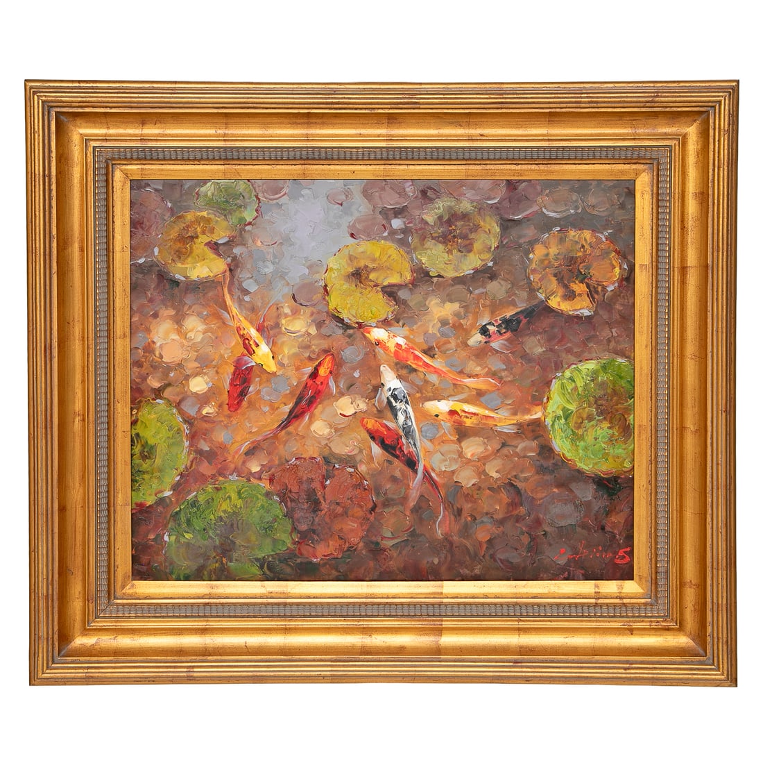 Pond Scene, Oil on Canvas: Pond Scene, Oil on Canvas, Depicting Eight Multi Color Koi Fish Swimming Amongst Lily Pads, Signed Lower Right, Housed in Burnished Gold Leaf Frame. 35" High, 41" Wide, 2.5" Deep; Canvas-24" High, 30"