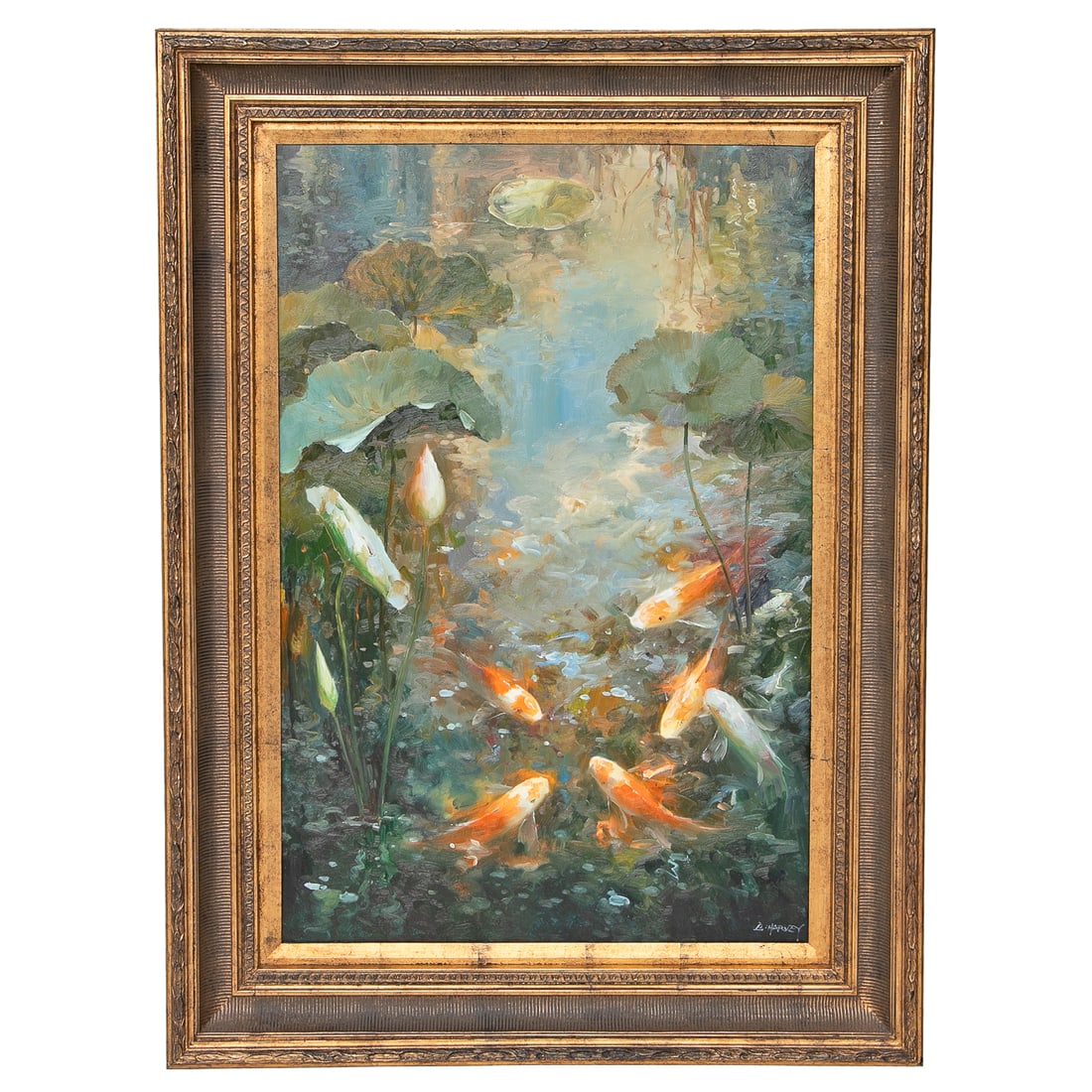 Pond Scene, Oil on Canvas: Pond Scene, Oil on Canvas, Depicting Six Multi Color Koi Fish Swimming Amongst Lily Pads, Signed B. Harvey Lower Right, Housed in Burnished Gold Leaf Frame Featuring Fluted and Leaf Carved Designs. 45