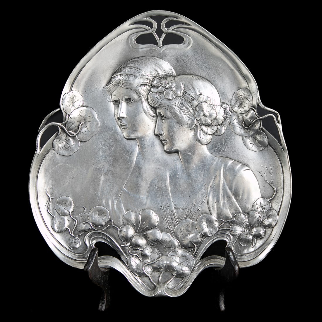 Late 19th/Early 20th C. Art Nouveau French Silver Plated Card Tray,: Late 19th/Early 20th C. Art Nouveau French Silver Plated Card Tray, Having Leaf Form, Pierced Lily Pad Top, Bottom and Sides, Center Features Two Females Atop Floral Grouping, Marked on Back. .5" High