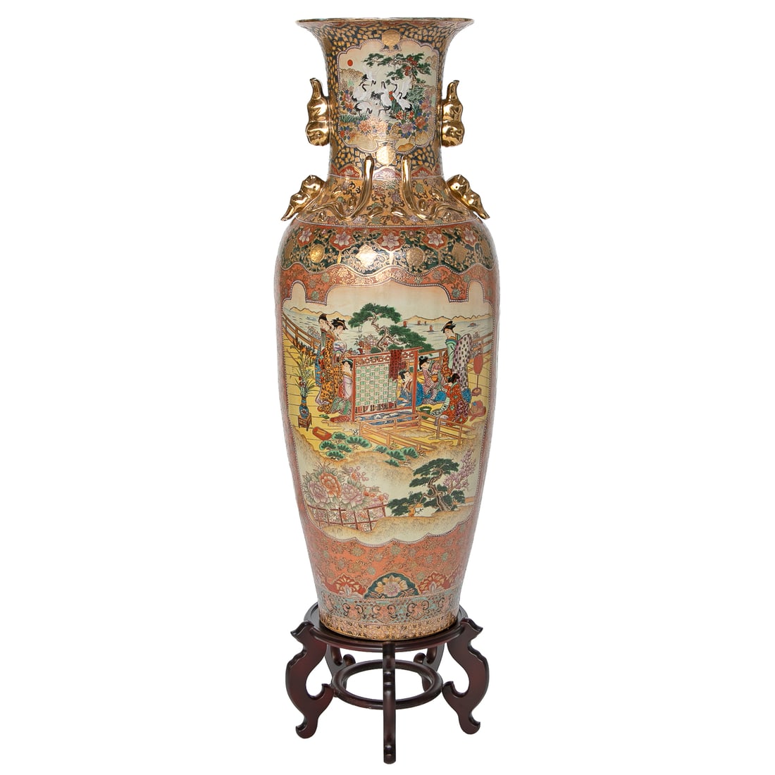 Vintage Chinese Porcelain Palace Size Urn on Stand: Vintage Chinese Porcelain Palace Size Urn on Stand, Having Multi Color Floral Interior Rim, Double Gold Foo Lion Handles, Double Gold Dragons, Front and Back Panels the Same, Top Panels Feature Black 
