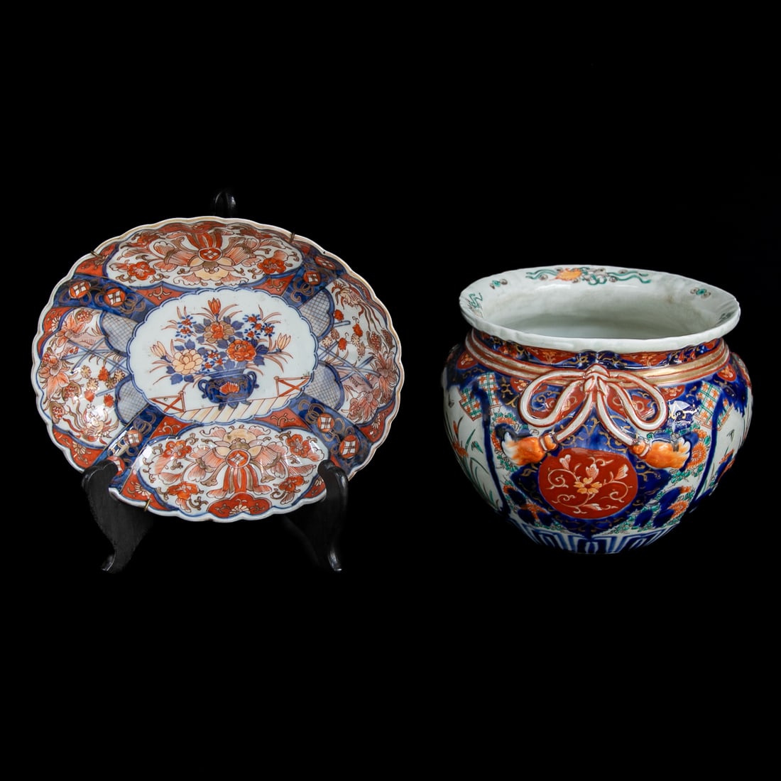 Late 19th C. Japanese Imari Decorative Items, Two Total Pieces: Late 19th C. Japanese Imari Decorative Items, Two Total Pieces, Includes One Oval Dish Having Scalloped Edges, Outside Features Cobalt Blue Floral Designs, Interior Features Center Floral Arrangement 