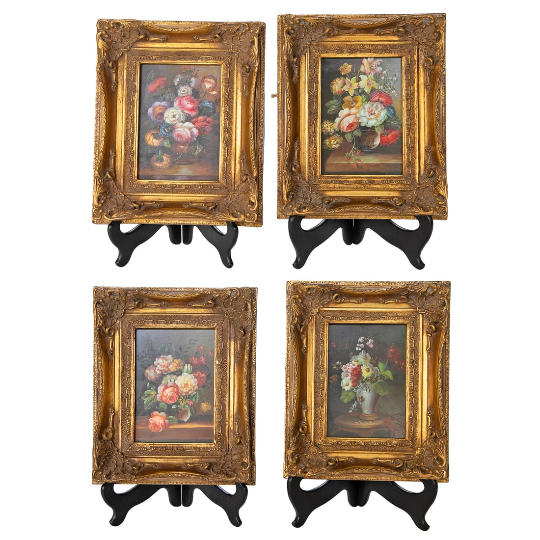 Vintage Floral Still Life, Oil on Artist Board, Four Total: Vintage Floral Still Life, Oil on Artist Board, Four Total, Includes Multi Color Multi Floral Arrangements in Vessels, All Housed in Burnished Gold Leaf Frames Featuring Pierced Carved Corners, Back R