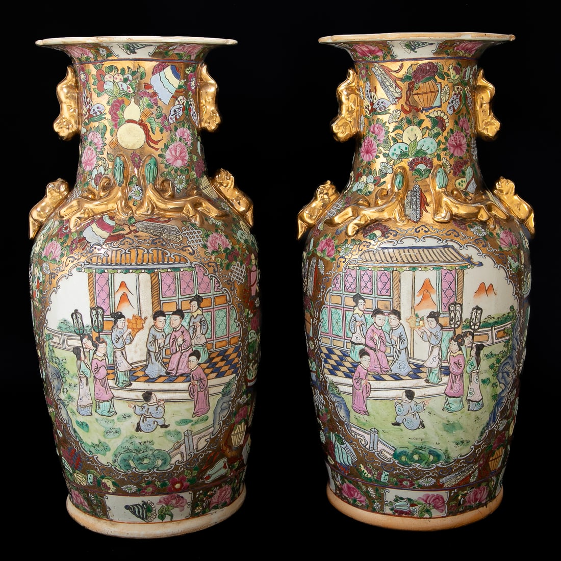 Vintage Rose Medallion Style Urns, Pair: Vintage Rose Medallion Style Urns, Pair, Having Shaped Edges Featuring Floral Designs, Double Gold Foo Lion Handles, Double Gold Dragons Featuring Green Heads on Front and Back, Figural Village Scene 