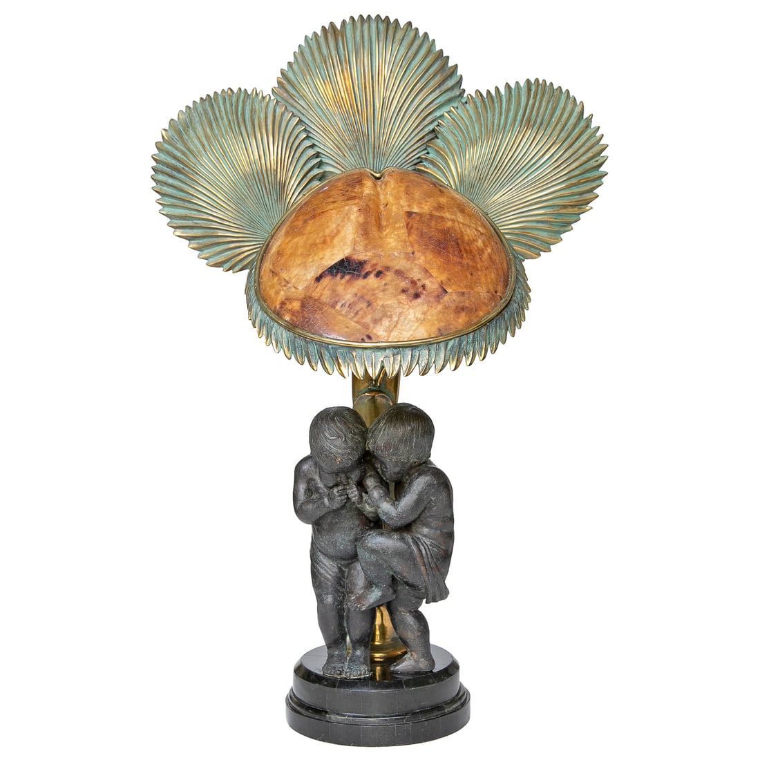 Vintage Maitland-Smith Bronze, Brass and Pen Shell Table Lamp: Vintage Maitland-Smith Bronze, Brass and Pen Shell Table Lamp, Discontinued, Depicting Two Putti Whispering Under Pen Shell Frond Shade, Three Additional Verde and Brass Fronds at Back, Palm Tree Form