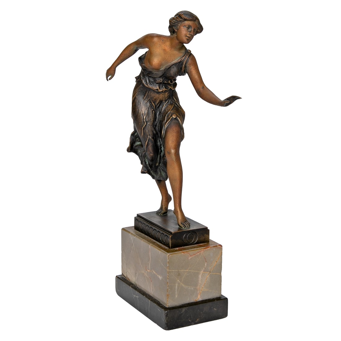 Georges Morin (German, 1874-1950) Bronze Art Nouveau Style Sculpture Depicting Dancer: Georges Morin (German, 1874-1950) Bronze Art Nouveau Style Sculpture Depicting Dancer, Arms Outstretched, One Breast Exposed in Robed Dress, Resting on Square Base Featuring Circular Designs, Terminat
