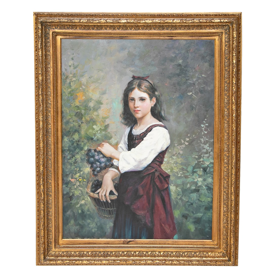 Female Half Body Portrait, Oil on Canvas: Female Half Body Portrait, Oil on Canvas, Depicting Young Female in Merlot Color Dress Holding Grape Cluster and Basket Full of Grapes, Housed in Burnished Gold Leaf Frame Featuring Multiple Floral an