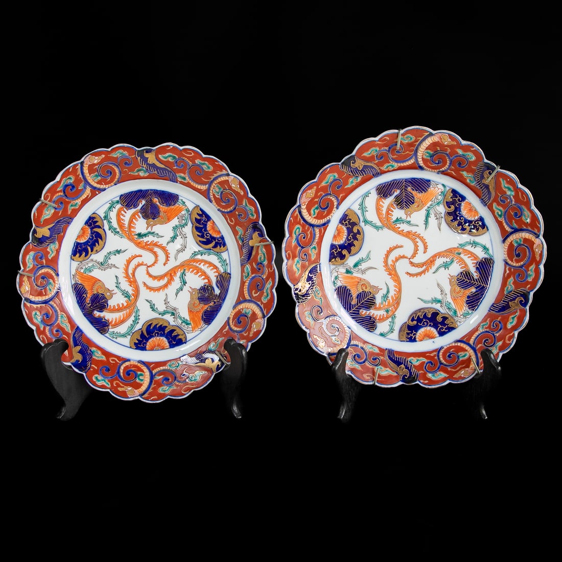Late 19th/Early 20th C. Japanese Porcelain Plates, Pair: Late 19th/Early 20th C. Japanese Porcelain Plates, Pair, Having Scalloped Edges, Centers Having White Ground Featuring Birds with Long Tails and Floral Designs, Surrounded by Bittersweet Ground, Borde