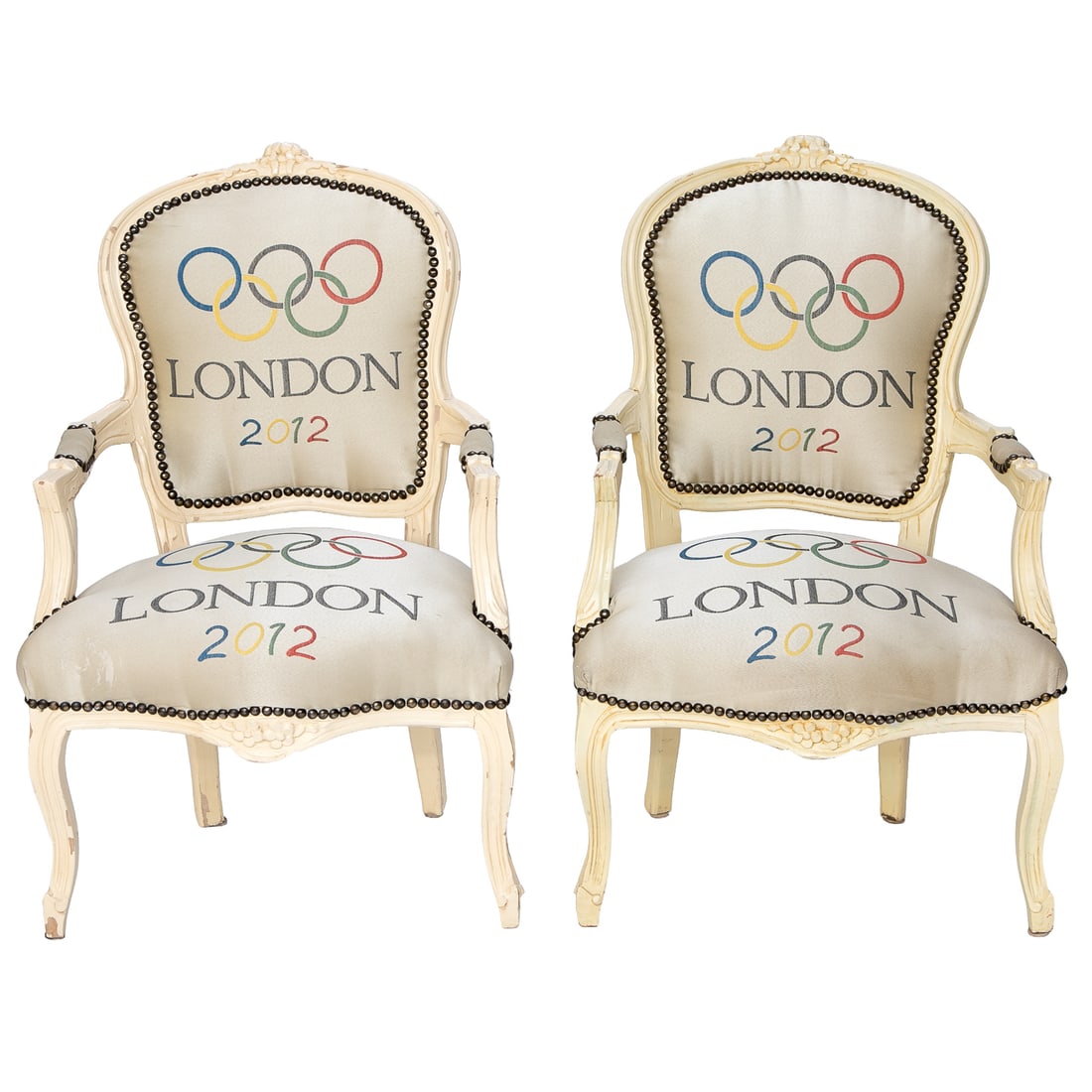 Louis XV Style Painted Arm Chairs, Pair: Louis XV Style Painted Cabriolet Arm Chairs, Pair, Having Ivory Painted Finish, Floral Carved Center Top Rail, Upholstered Manchettes, Curved Arms, Floral Carved Shaped Apron, Resting on Cabriole Legs