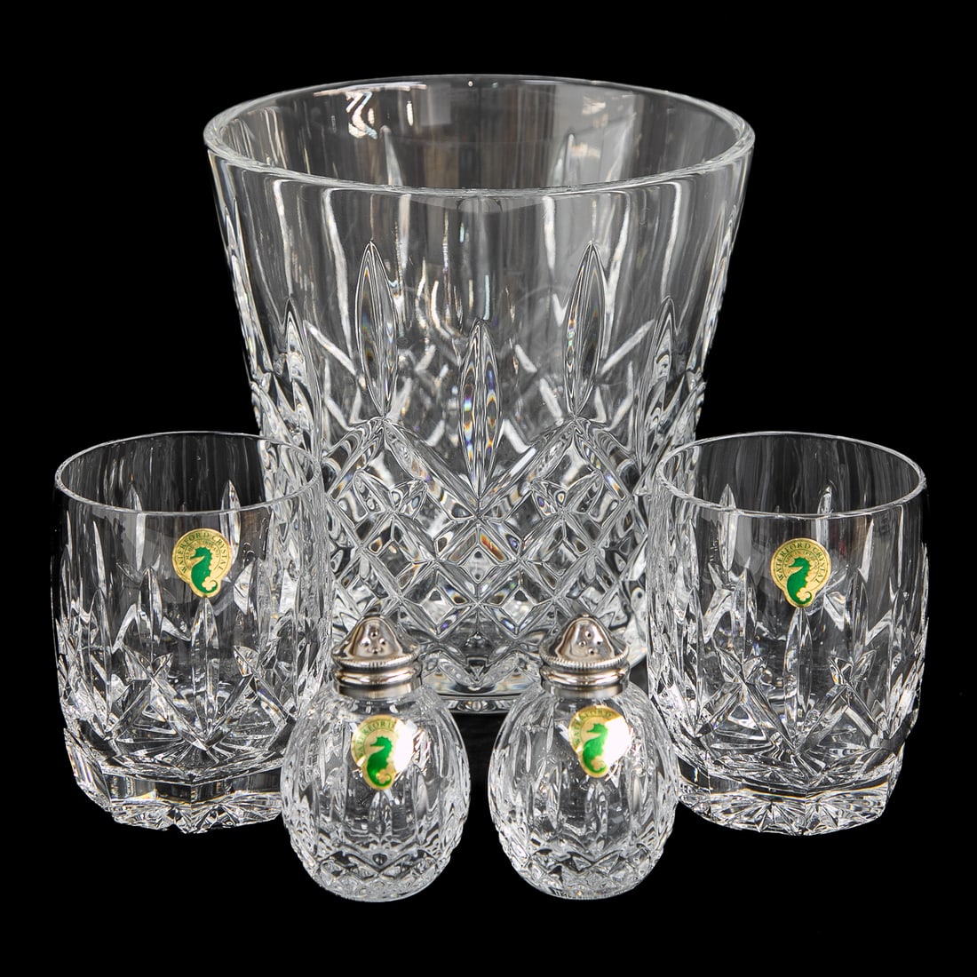 Waterford Crystal Table Top Items, Five Total Pieces: Waterford Crystal Table Top Items, Five Total Pieces, Includes One Ice Bucket in Lismore Pattern, 7.25" High, 7" Diameter; Along with Ovoid Shaped Salt and Pepper Shakers in Lismore Pattern, 3" High, 