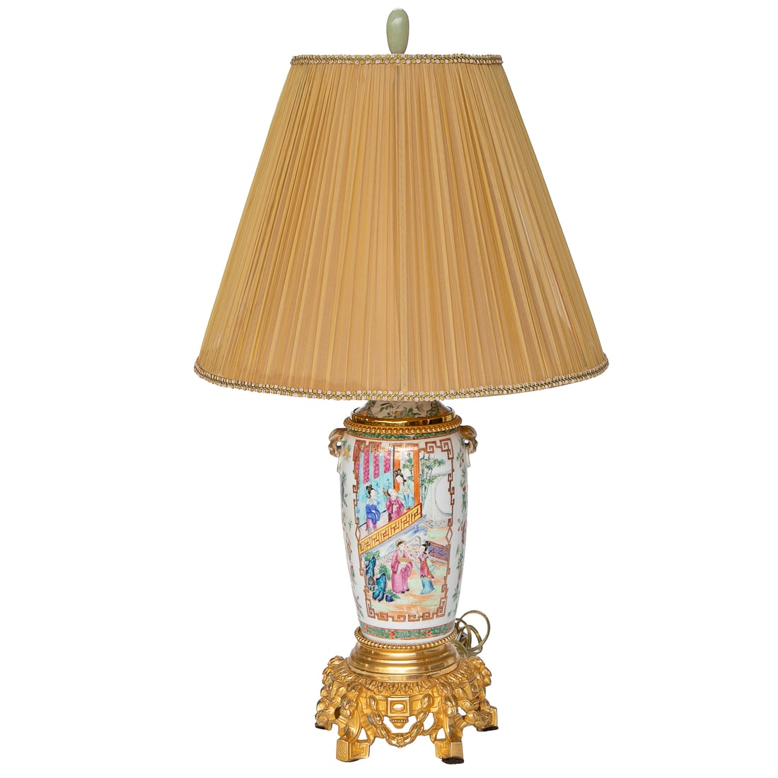 Late 19th C. Chinese Export Rose Medallion Bronze Mounted Vase Converted Into Table Lamp: Late 19th C. Chinese Export Rose Medallion Bronze Mounted Vase Converted Into Table Lamp, Having Figural Village Scene Panels on Front and Back Surrounded by Floral Designs, Resting on Bronze Base Fea