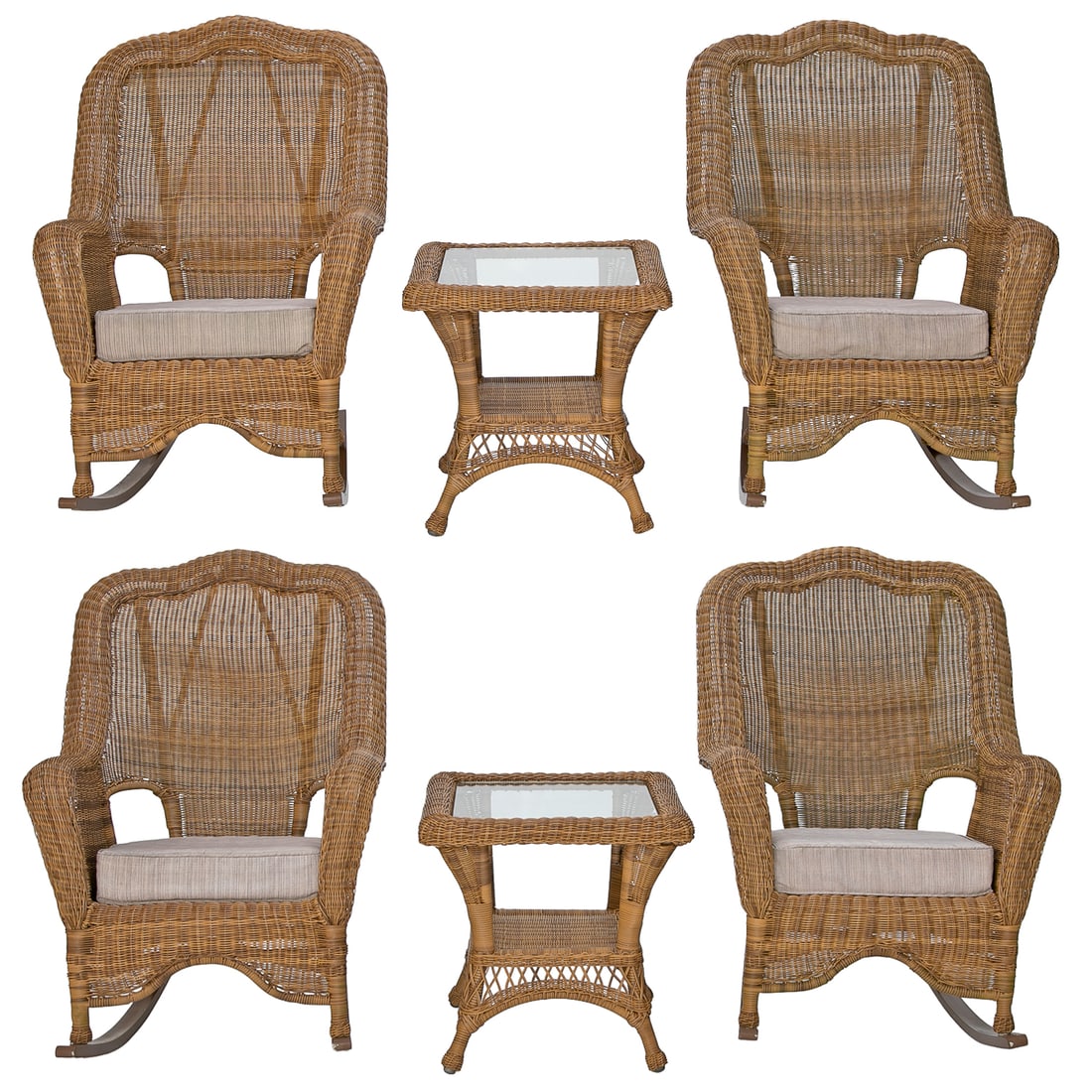 Group of Wicker Furniture, Six Total Pieces: Group of Wicker Furniture, Six Total Pieces, Includes Four Wicker Rocking Chairs Having Shaped Backs, Open Space Near Seat, Shaped Aprons, Resting on Plain Runners, Accompanied by Neutral Tan Seat Cus