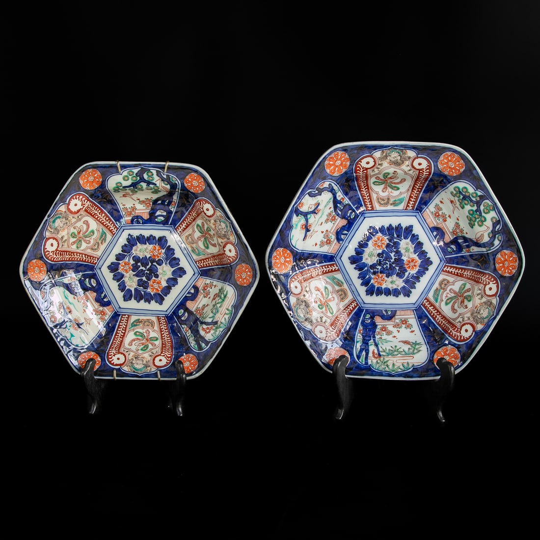 Late 19th C. Hexagonal Japanese Imari Plates, Companion Pair,: Late 19th C. Hexagonal Japanese Imari Plates, Companion Pair, Both Having Cobalt Blue Ground, Cobalt Blue, Bittersweet and Green Floral Centers, Surrounded by Alternating Panels Featuring Bird and Geo