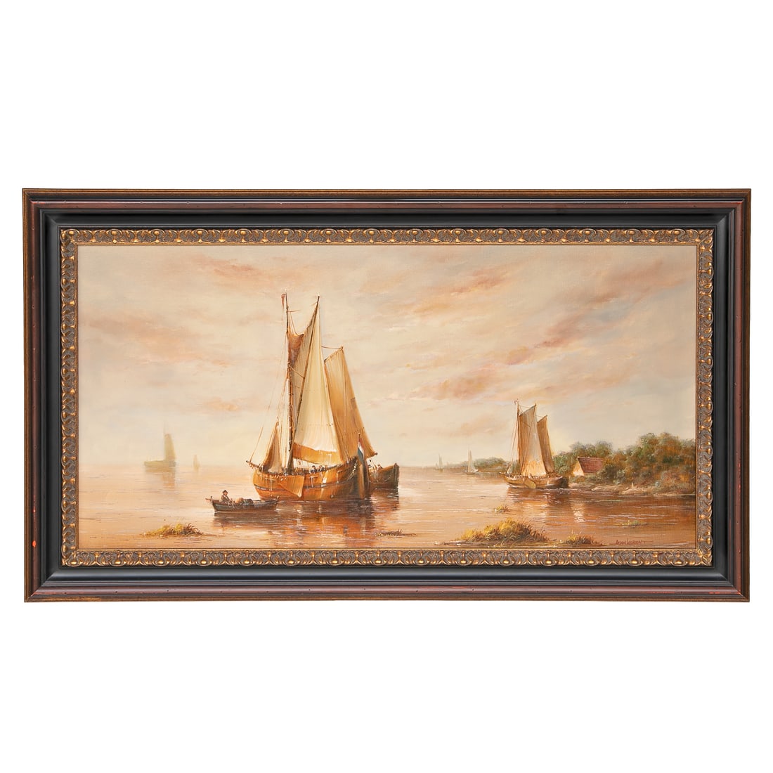 Jean Laurent Harbor Scene, Oil on Canvas: Jean Laurent Harbor Scene, Oil on Canvas, Depicting Merchant Ships and Fishing Boat, Signed Lower Right, Housed in Ebony, Mahogany and Burnished Gold Leaf Frame Featuring Leaf Designs. 24" High, 42" W