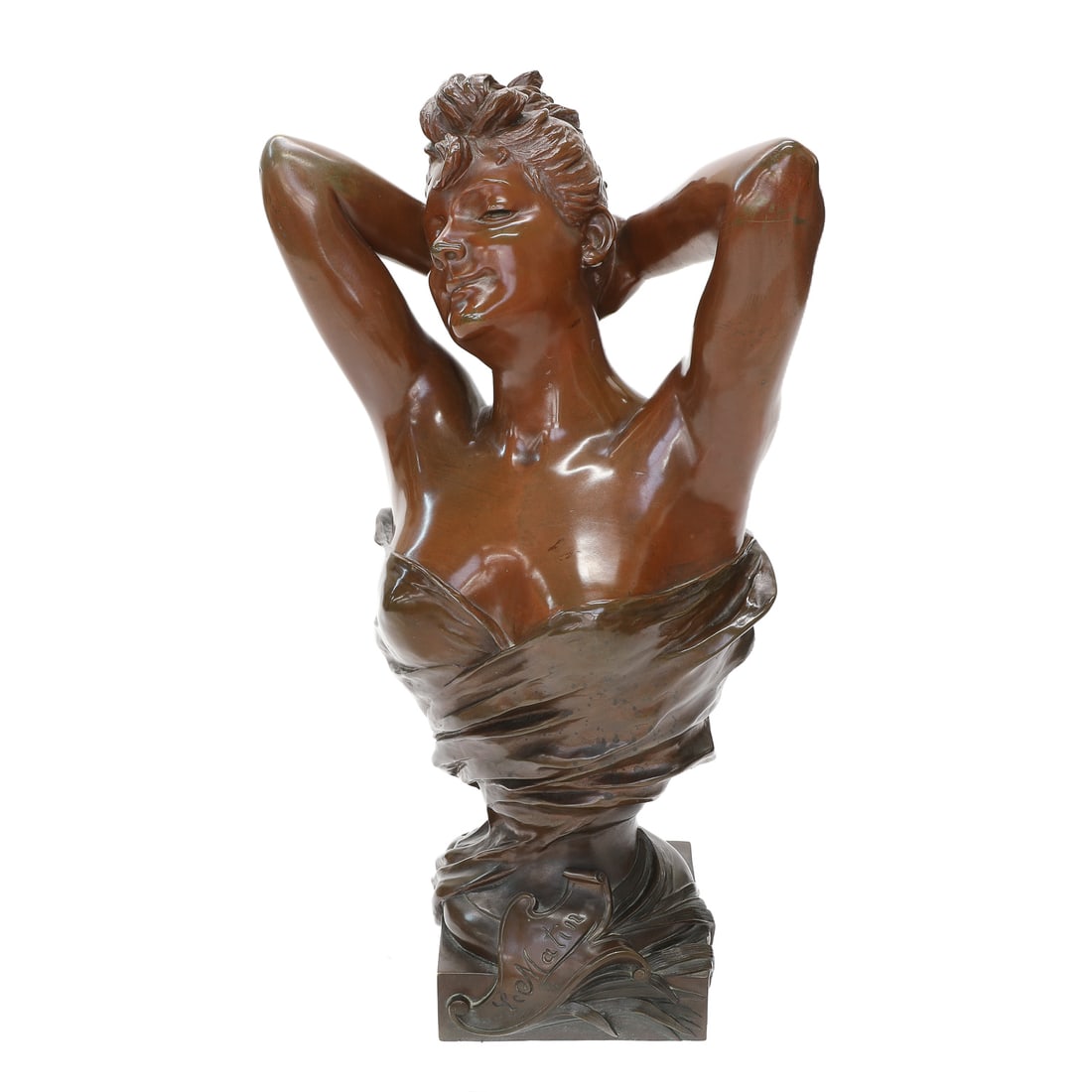 19th C. Art Nouveau Bronze Portrait Bust of a Woman: 19th C. Art Nouveau Bronze Portrait Bust of a Woman, Titled Le Matin, by Nicolas Mayer (French, 1852-1929), Depicting Female With Hair in Bun, Arms Behind Her Head, Wrapped in Cloth, Resting on Square