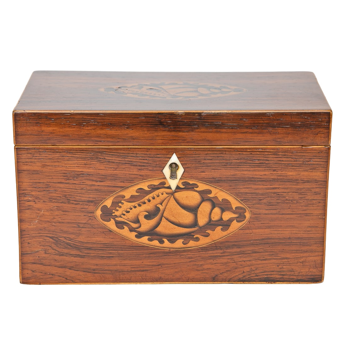 Late 19th C. Inlaid English Rosewood Tea Caddy: Late 19th C. Inlaid English Rosewood Tea Caddy, Having Satinwood and Rosewood Inlaid Shell on Top and Sides, Satinwood String Inlay on Edges, Bone Escutcheon, Interior Reveals Two Tea Compartments wit