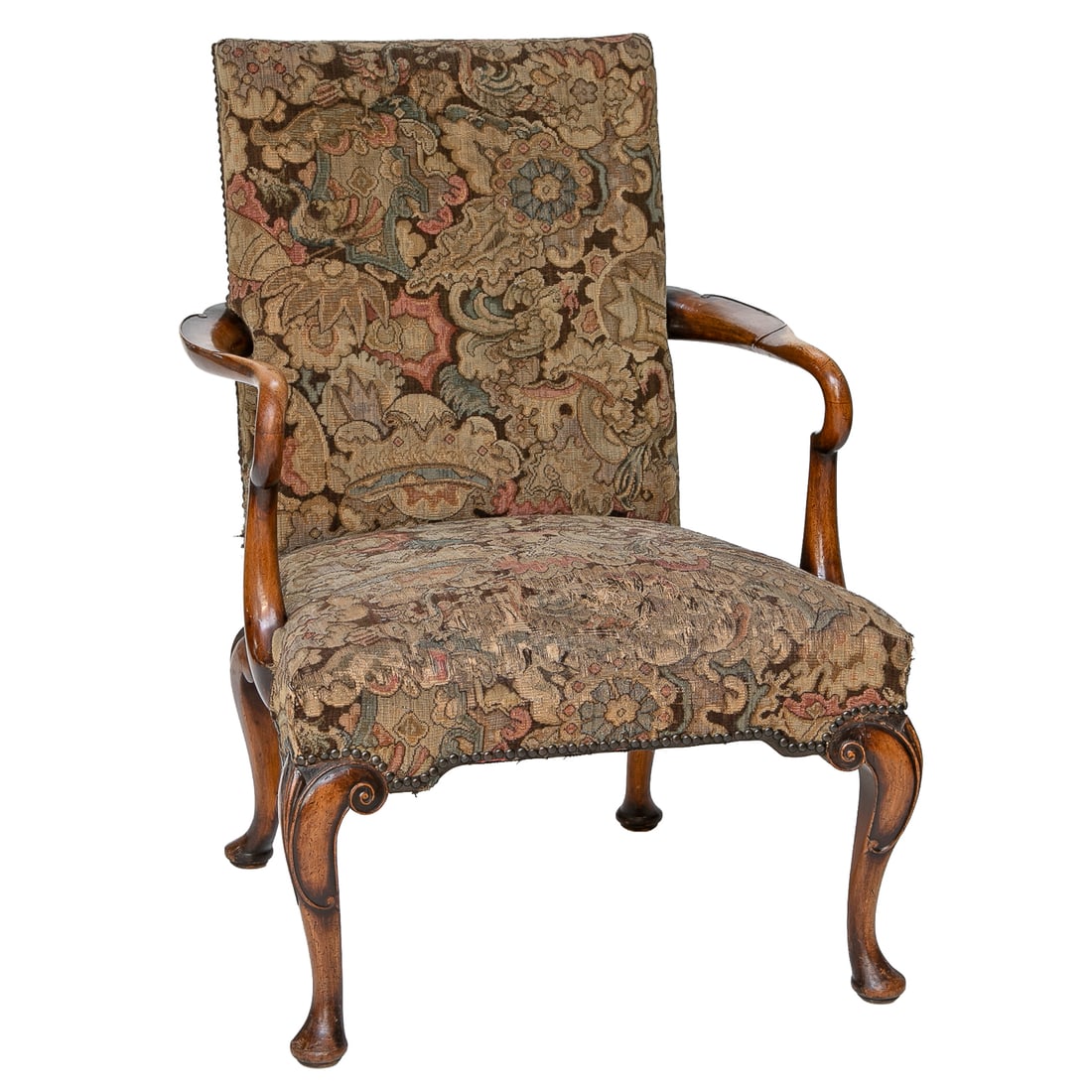 Late 19th C. English Walnut Georgian Style Arm Chair: Late 19th C. English Walnut Georgian Style Arm Chair, Having Shepherd Crook Arms, Resting on Cabriole Legs Featuring Scroll Carvings, Terminating in Pad Feet, Upholstered in Floral Tapestry Style Fabr