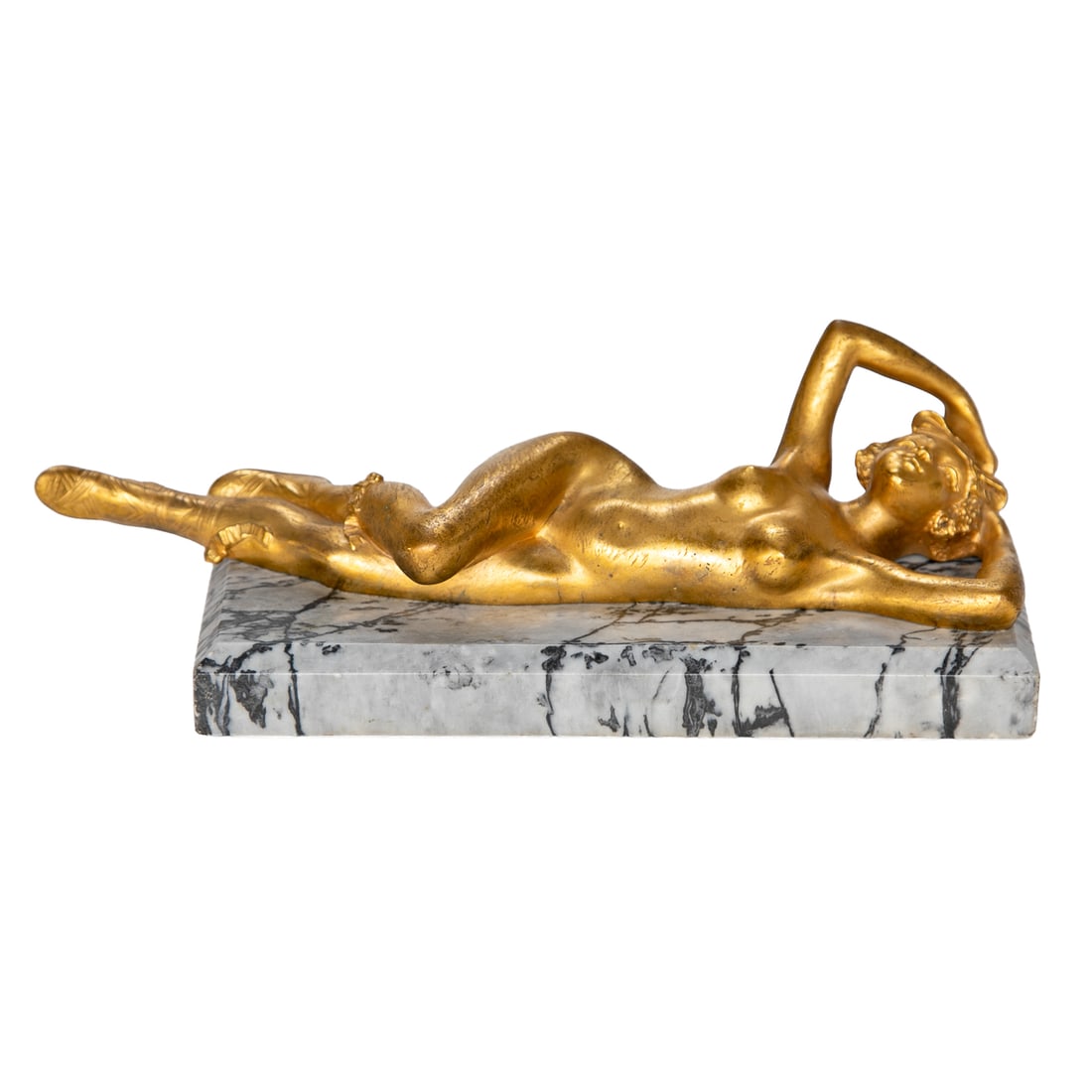 Alexandre Auguste Caron (French, 1857-1932) Art Nouveau Gilt Bronze Sculpture: Alexandre Auguste Caron (French, 1857-1932) Art Nouveau Gilt Bronze Sculpture Depicting Reclining Nude, Nude Female Reclining, Bow in Hair, Arms Behind Head, Wearing Grecian Style Wrap Sandals Featuri