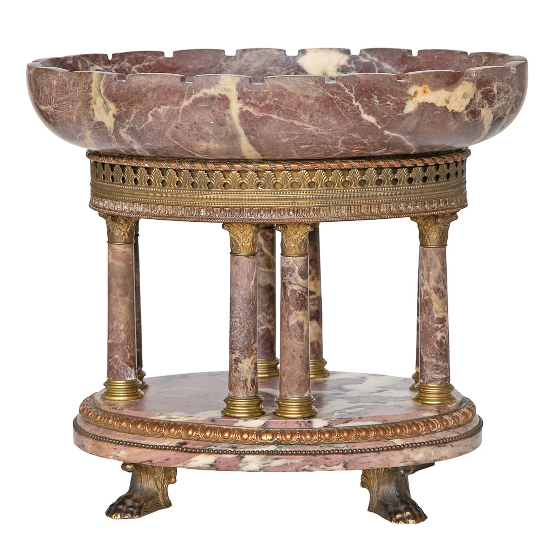 Unusual Late 19th C. Rouge Marble and Brass Oval Centerpiece Bowl: Unusual Late 19th C. Rouge Marble and Brass Oval Centerpiece Bowl, Having Detachable Rouge Marble Bowl Featuring Square Notch Edges, Resting on Brass Twisted Rope, Pierced Leaf and Beaded Borders, Eig